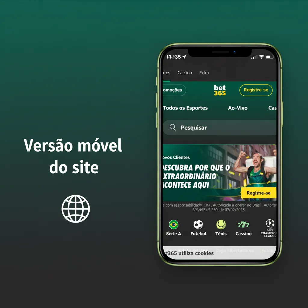 Interface do site móvel de apostas: cupom fixo, menus Esportes/Ao Vivo/Cassino, streaming e stats, Pix e histórico.
